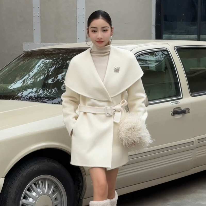 2025 European Style Cape Collar High-End Elegant Casual Double-Sided Cashmere Coat Fashionable Tie Women's Slim Woolen Coat