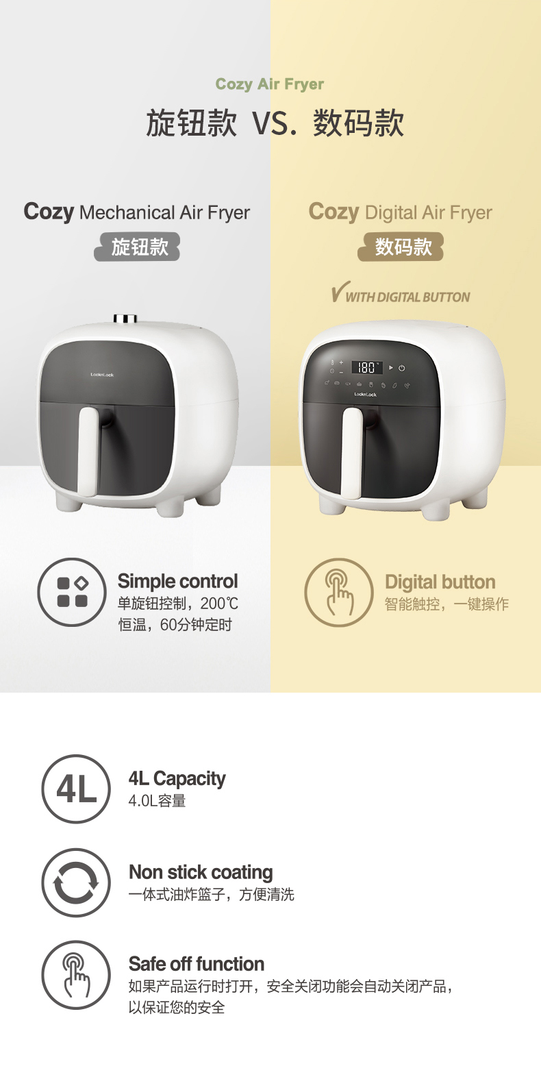 记忆断电，无油更健康：4L 乐扣乐扣 cozy 不沾无油空气炸锅 289元包邮 买手党-买手聚集的地方
