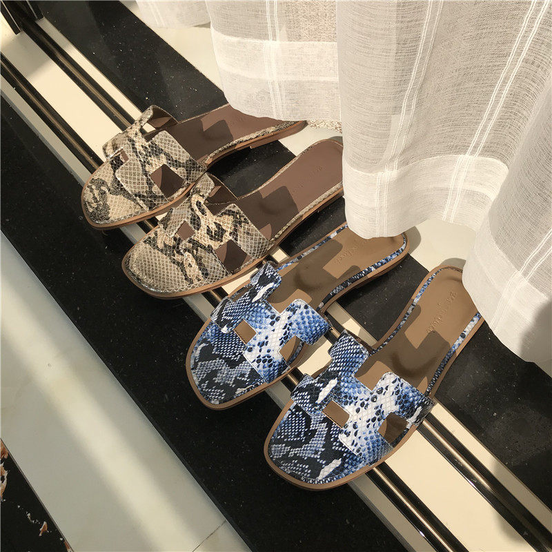 Slippers Women Genuine Leather Summer Fashion 2022 New Tide Nets Red 100 Hitch Beach Snake Tattooed Sandals Women Outwear Flat Bottom