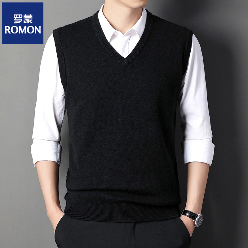 Romon Autumn Winter Cashmere Vest Men's Middle-aged Casual Pure Color V Collar Knit Goat Sweatshirt Waistcoat Without Sleeveless Waistcoat-Taobao