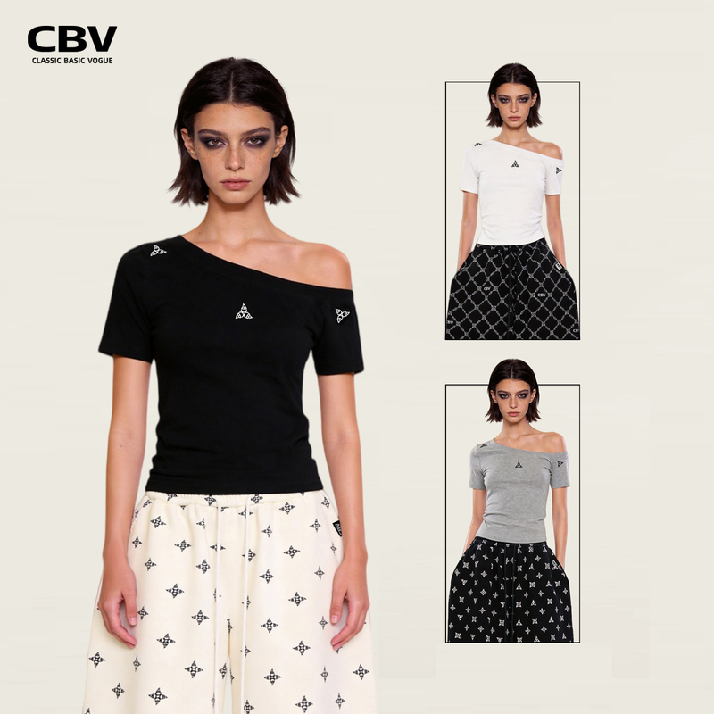 Cbv American Retro Style Off-Shoulder Three-Leaf Windmill Floral Embroidered Logo Short-Sleeve T-Shirt for Women, New Summer Slim-Fit Top