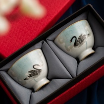 Hand-painted black swan Ruyao open piece teacup Couple Kung Fu tea pair cup send couple master cup