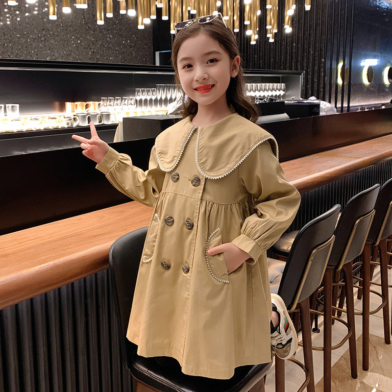 Girl Coats Autumn Clothing 2021 New Foreign Pie Girl Blouses Trendy Spring Autumn CUHK Children Children Mid-length Version Windsuit