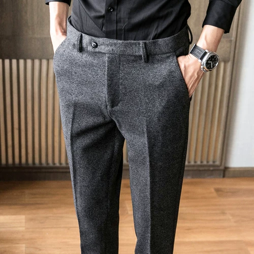 Мужские осенние шерстяные бархатные штаны, облегающий крой