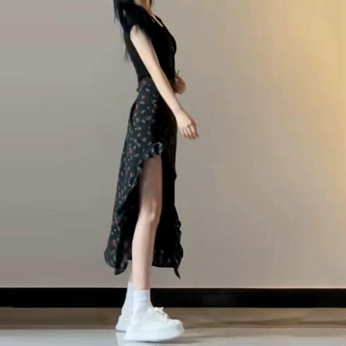 Асимметричная черная летняя длинная юбка, цветочный принт, подходит для подростков