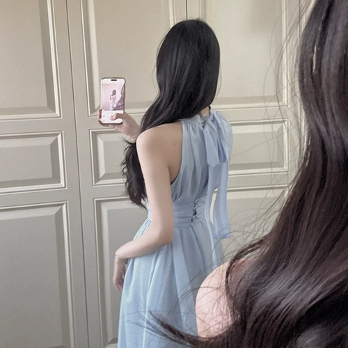 Синее шифоновое длинное летнее платье, корсет, пляжная длинная юбка, городской стиль