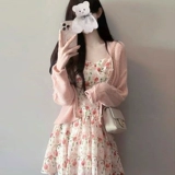 Весеннее платье, комплект, мини-юбка, открытые плечи, в цветочек, подходит для подростков, А-силуэт