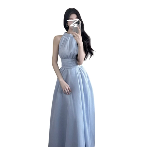 Синее шифоновое длинное летнее платье, корсет, пляжная длинная юбка, городской стиль