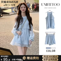 Весенний комплект, синяя рубашка, шорты