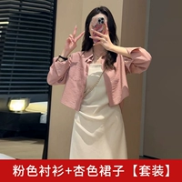 Розовая рубашка + юбка из абрикоса [Set] Высококачественная версия [Полный набор прогулок для фильма/горячий высококачественный ощущение/уникальный и красивый костюм в начале лета/лето OOTD/Возрастное снижение/новый китайский стиль]