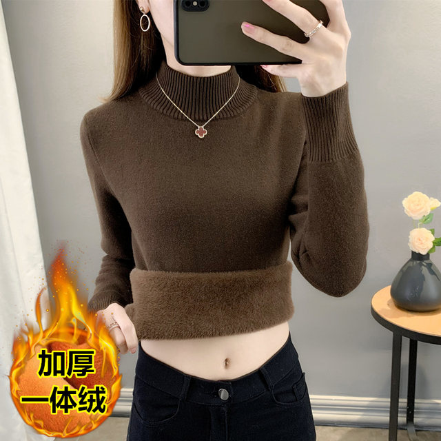 Autumn and winter plus velvet sweater women's thickened one-piece velvet with large size half-high collar pullover bottoming knitted sweater warm top