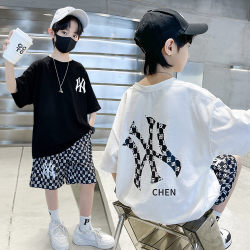 Outlet Boys and Children's Clothing 2024 Summer New Boys Round Neck Short Sleeve T-Shirt Plaid Shorts Two-piece Suit