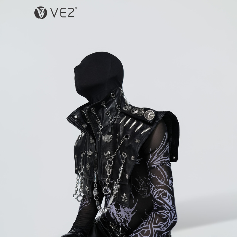 Ve2 Subculture Gothic Stand-Up Collar Vest Waistcoat Unisex Short Cos Shawl Biker Jacket Punk Jacket