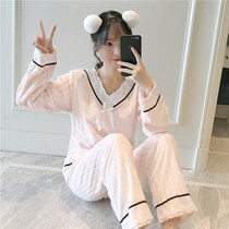 Japanese GP autumn and winter pajamas womens coral fleece plus velvet thickened cute flannel pink ladies home clothes