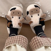 2022 New Winter Cartoon Cow Cotton Slippers Women Fleece Thick Warm Platform Home Fur Shoes Woman