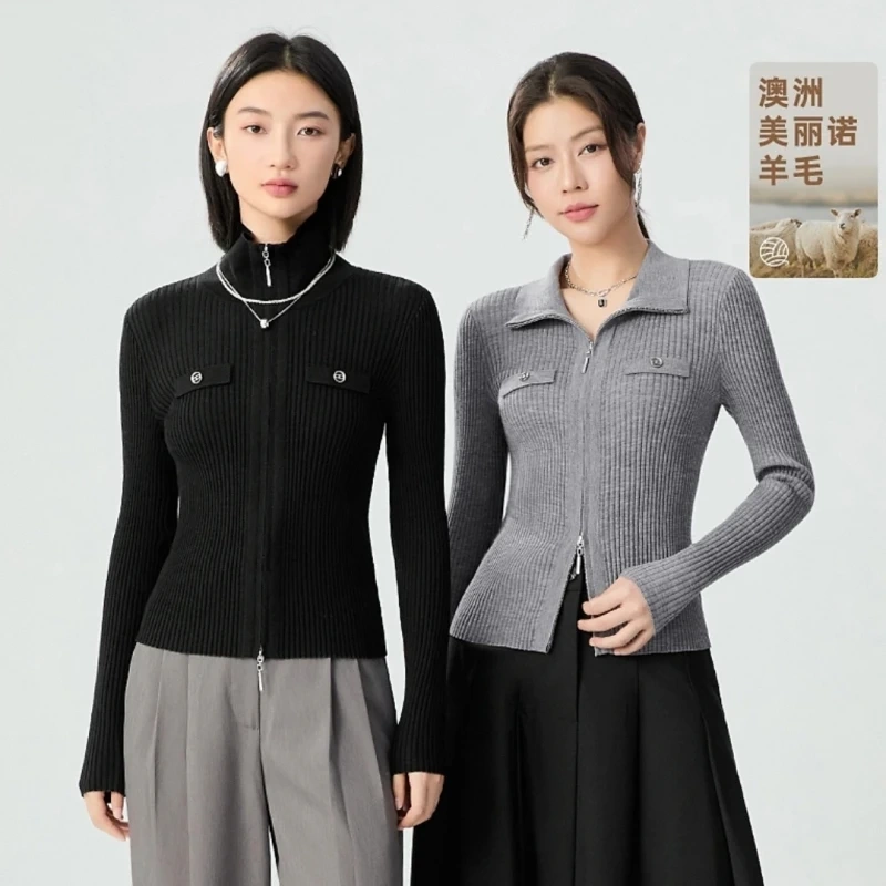 Brother's Department Store Has the Same Style of Spring and Autumn New High-End Tops, Double-Zip Wool Knit Slim-Fit Women's Cardigan Jacket