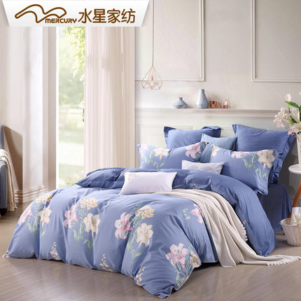 水星家纺斜纹印花三/四件套40S全棉花卉床上用品仙姿百合2018新品