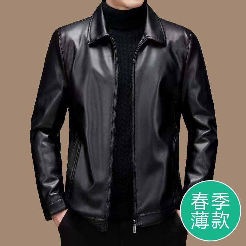 Haining Leather Jacket Men's Coat Leather Clothing Autumn and Winter Fleece-Lined Dad's Outfit Genuine Leather Jacket Two-Layer Sheepskin Men's Clothing