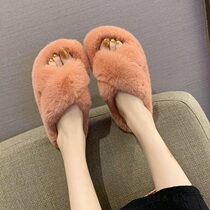 Japanese GP Net red hairy one-character slippers womens non-slip wear autumn and winter new cotton tow home lazy people