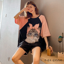 Japanese JULIPET Pajamas Women Summer Cotton Short Sleeve Cute Cat Loose Thin Home Clothes Set Printed