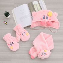 Cute Kirby hat and scarf all-in-one womens winter hooded scarf and gloves three-piece set plush warm winter