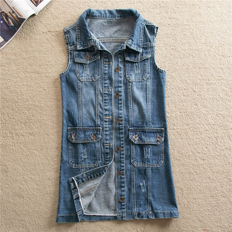 Mới mùa xuân và mùa hè năm 2021 mới áo vest denim dài giữa áo khoác của phụ nữ lưới màu đỏ tua rua lỗ cỡ lớn áo vest dài - Áo vest