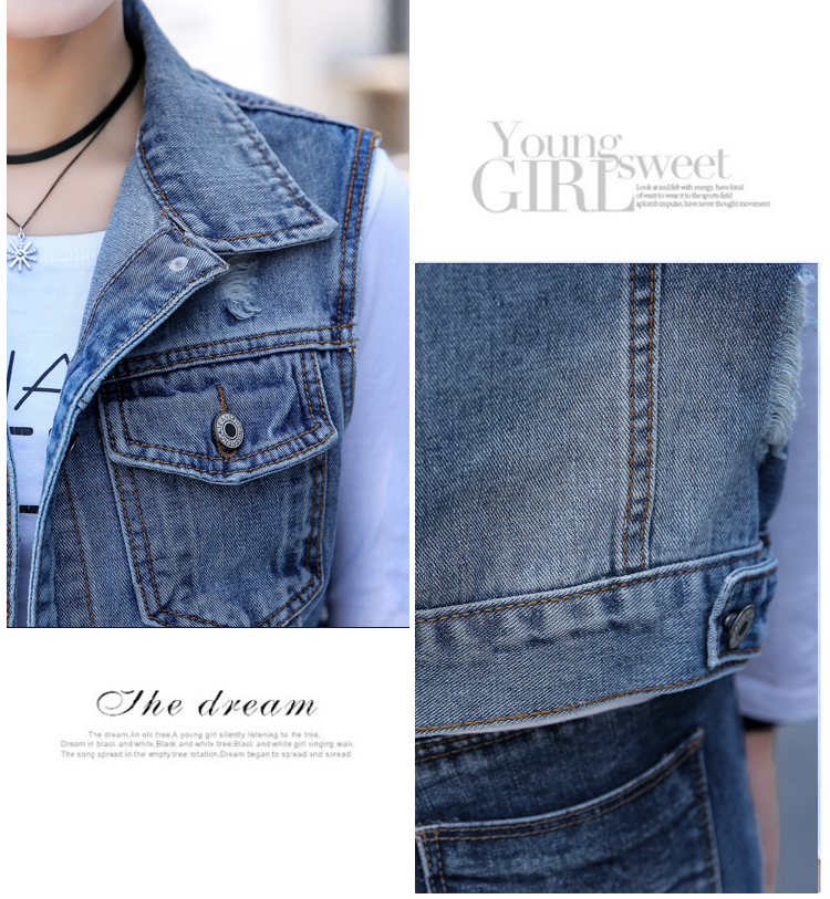 Mùa xuân 2018 hoang dã phiên bản Hàn Quốc mới của áo sơ mi không tay denim lỗ ngắn kích thước lớn vest vest vest nữ áo khoác dạ nữ