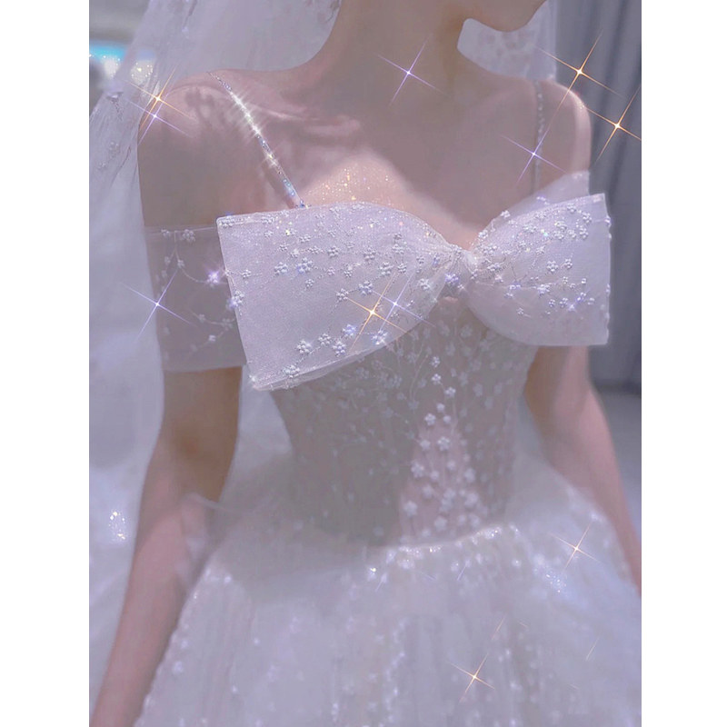 Light main wedding dress 2021 new bridal sling word shoulder small French thin tail summer starry sky