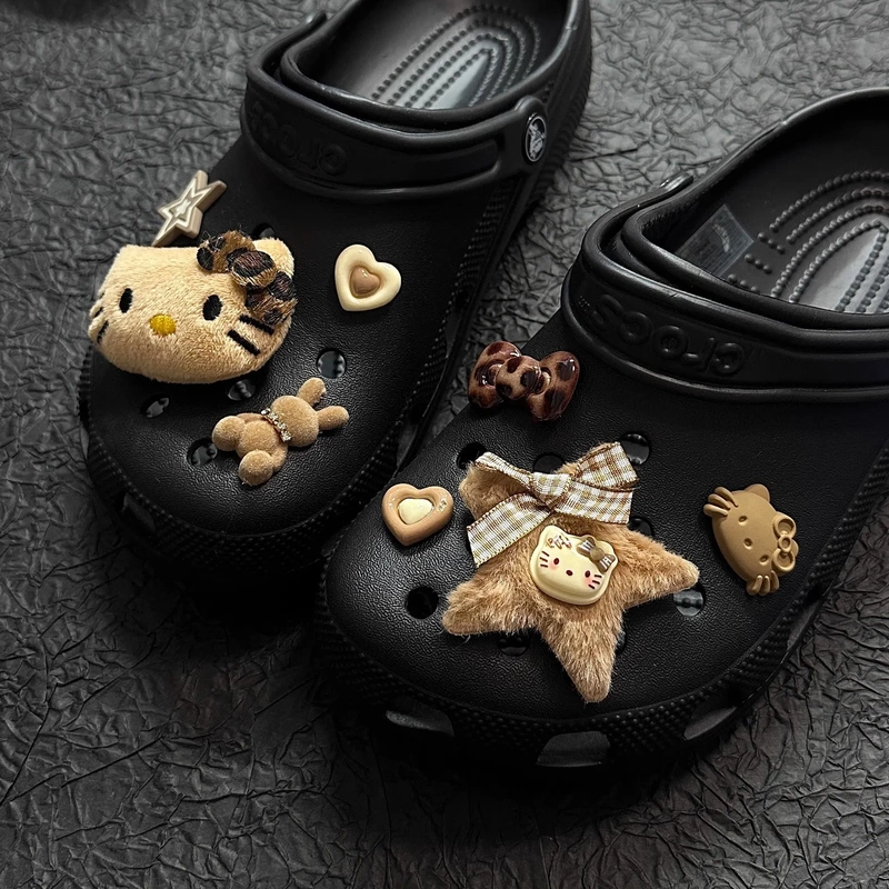 Leopard Print Black Leather Cute Sweet Kt Cat Clog Shoe Charms Crocs Shoe Decorations Melard Plush Star DIY