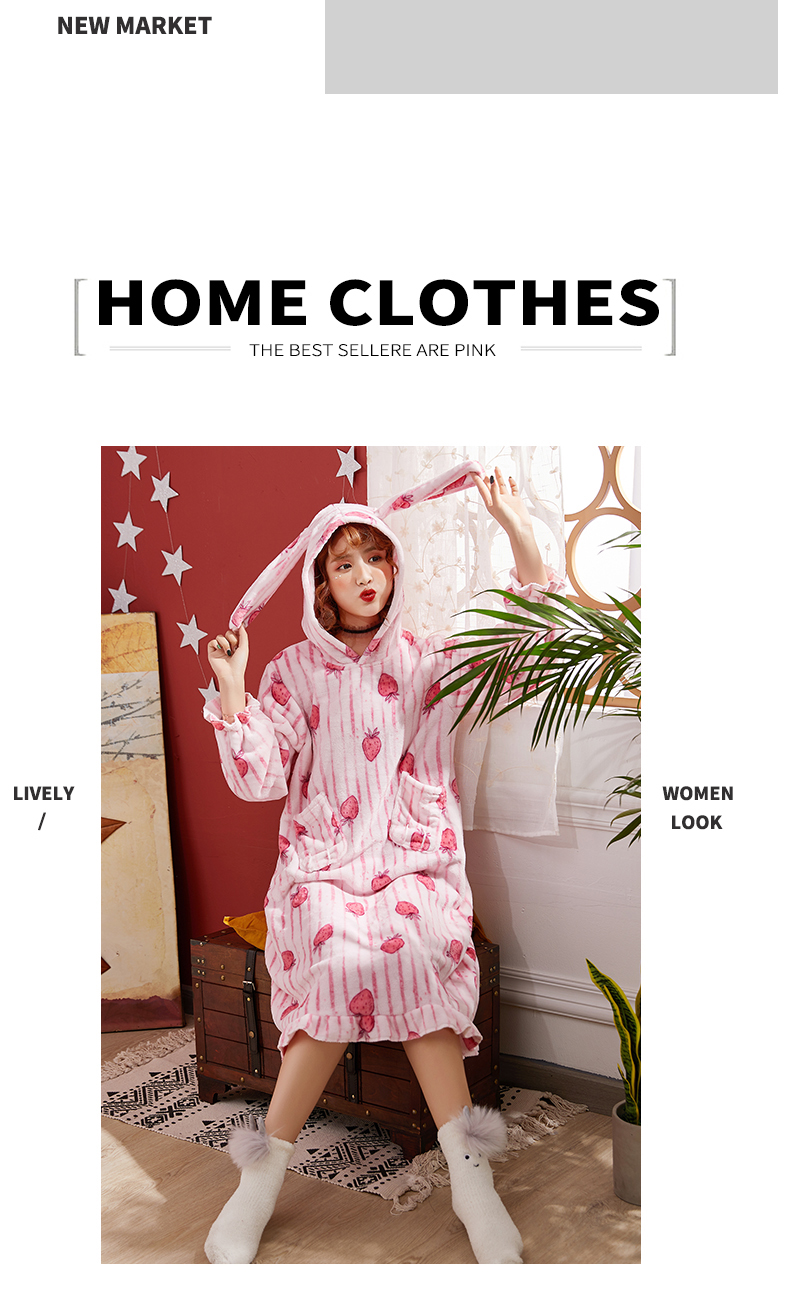 Phiên bản Hàn Quốc của lông cừu san hô váy ngủ nữ mùa đông dễ thương công chúa tai thỏ flannel đồ ngủ dày phim hoạt hình nhà dịch vụ dài váy ngủ đẹp