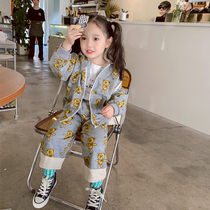 South Korean girls tennis red suit 2021 casual children Little Bear Spring and Autumn Lianhood jacket long pants Two sets