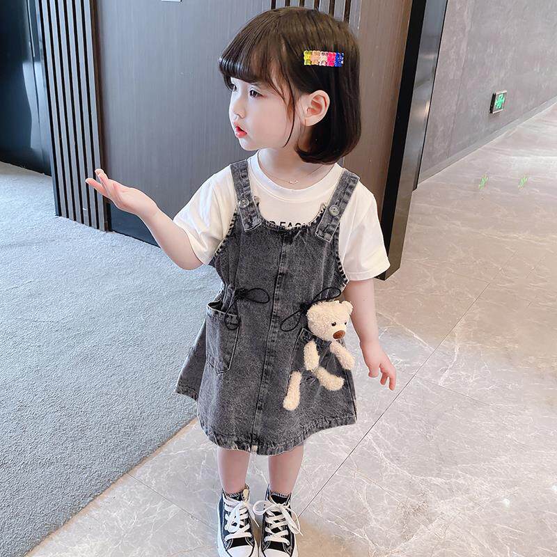 South Korea ins Girls denim baby bag skirt suit 2021 summer female baby Foreign school net red summer dress two-piece 3