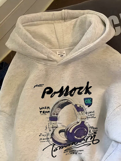 American-Style Heavyweight Fleece-Lined White-Gray Hooded Sweatshirt for Men, 2025 New Trendy Brand, Loose Fit, Student Couple Outfit Jacket