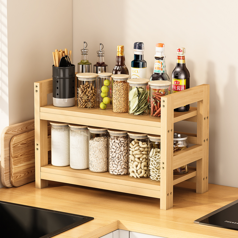 Kitchen Storage Rack Desktop Solid Wood Household Multi-Functional Multi-Layer Spice Rack Simple Storage Shelf