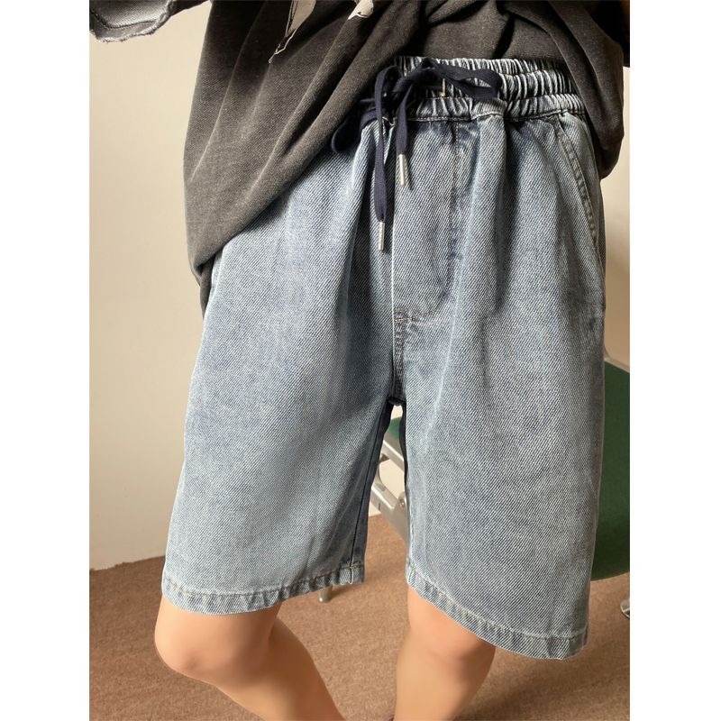 E3Three Drawstring Elastic Waist Wide-Leg Denim Shorts for Women, Straight Loose High-Waisted Slimming Summer Mid-Length Shorts E3Three Drawstring Elastic Waist Wide-Leg Denim Shorts for Women, Straight Loose High-Waisted Slimming Summer Mid-Length Shorts