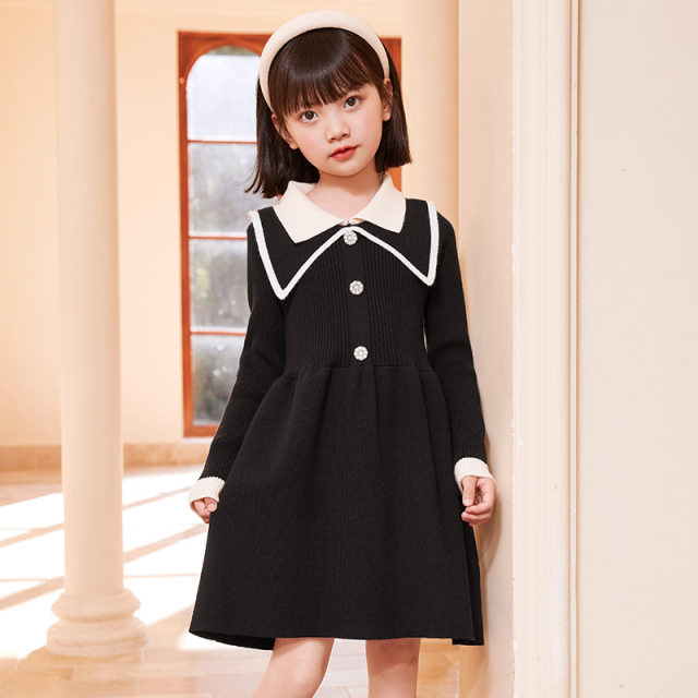 Big girl knitted sweater dress autumn and winter new foreign style mid-length little girl sweet bow autumn dress