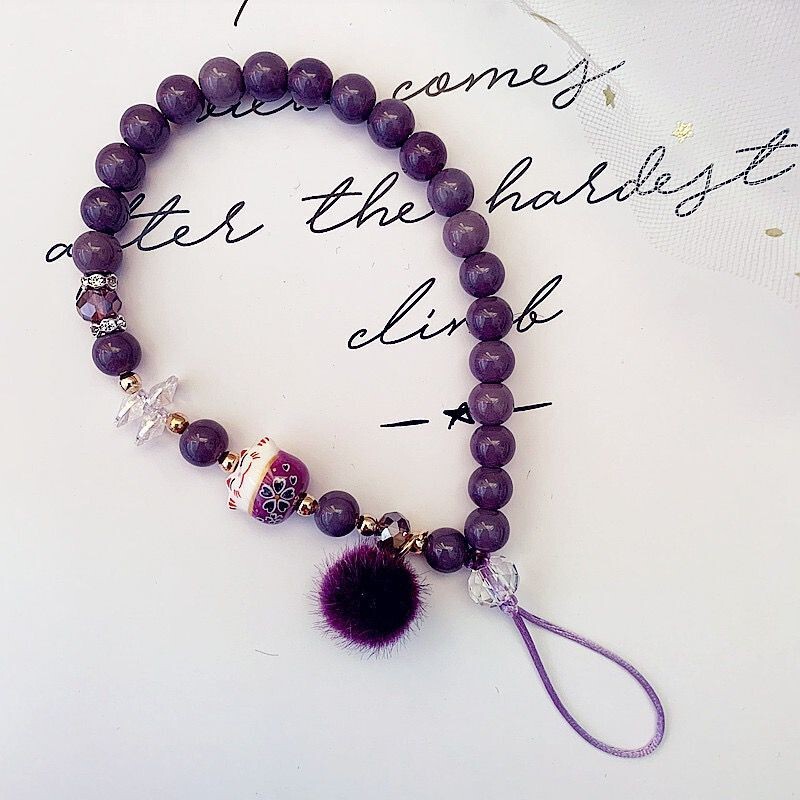 Original Design Purple Phone Lanyard Short Strap with Small Pom-Pom Cat Accessory Pendant Personalized Creative Wrist Strap for Women