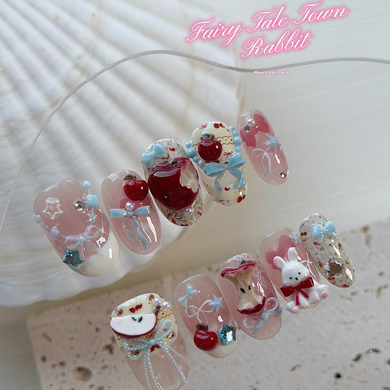 Apple Bunny Apple Rabbit Bowknot Cute Spring and Summer Handmade Wearable Nail Art