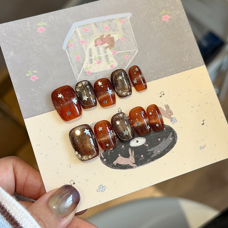 Maple Leaf Frosting Vintage Amber Cat Eye Brown Handmade Wearable Nails Short Manicure Pawpawnail Maple Leaf Frosting Vintage Amber Cat Eye Brown Handmade Wearable Nails Short Manicure Pawpawnail