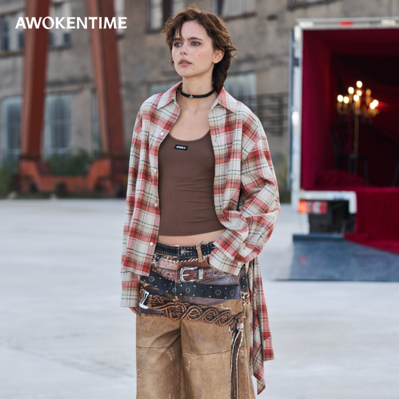 [Celebrity Style] Awokentime Cotton Brushed Loose Plaid Irregular Tie French Long Shirt