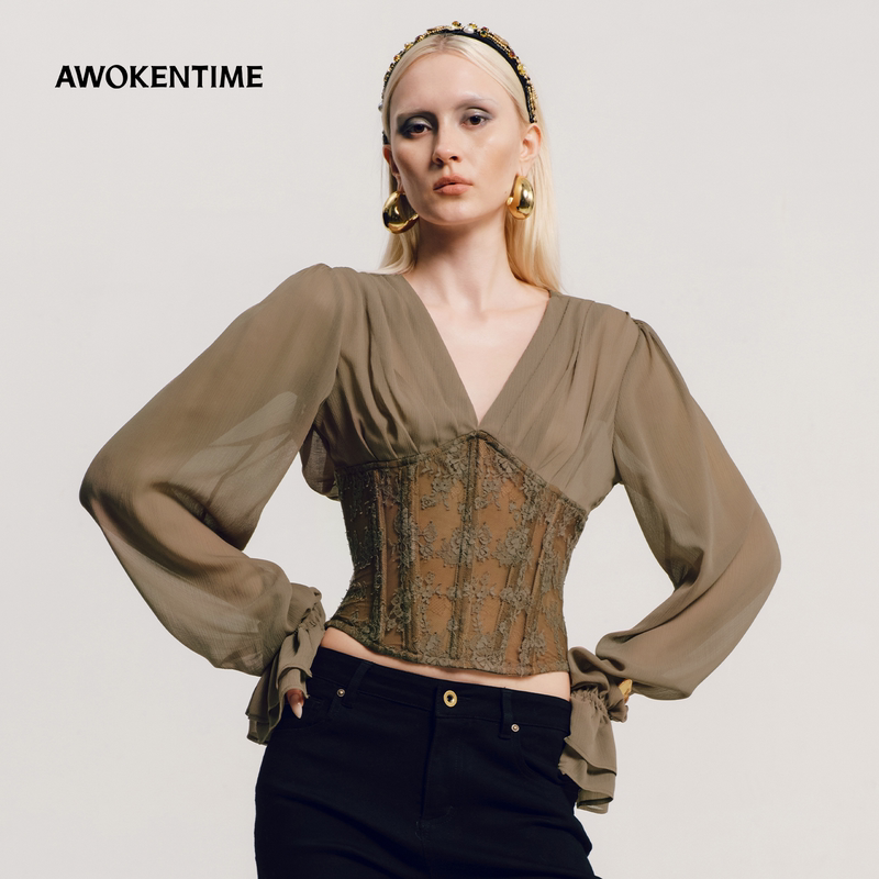 Awokentime French V-Neck Shirt with Elegant Bubble Lace Splicing, Long-Sleeved Fishbone Shirt, New Autumn 26 Style