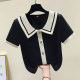 Plus size women's doll collar ice silk knitted short-sleeved T-shirt women's loose slimming and age-reduced western style striped top ບາງສ່ວນ