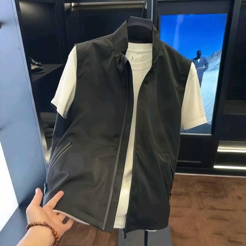 Spring and Autumn Thin High-End Stand-Collar Vest for Men, Outdoor Zip Pocket Solid Color Stylish Sleeveless Jacket Spring and Autumn Thin High-End Stand-Collar Vest for Men, Outdoor Zip Pocket Solid Color Stylish Sleeveless Jacket