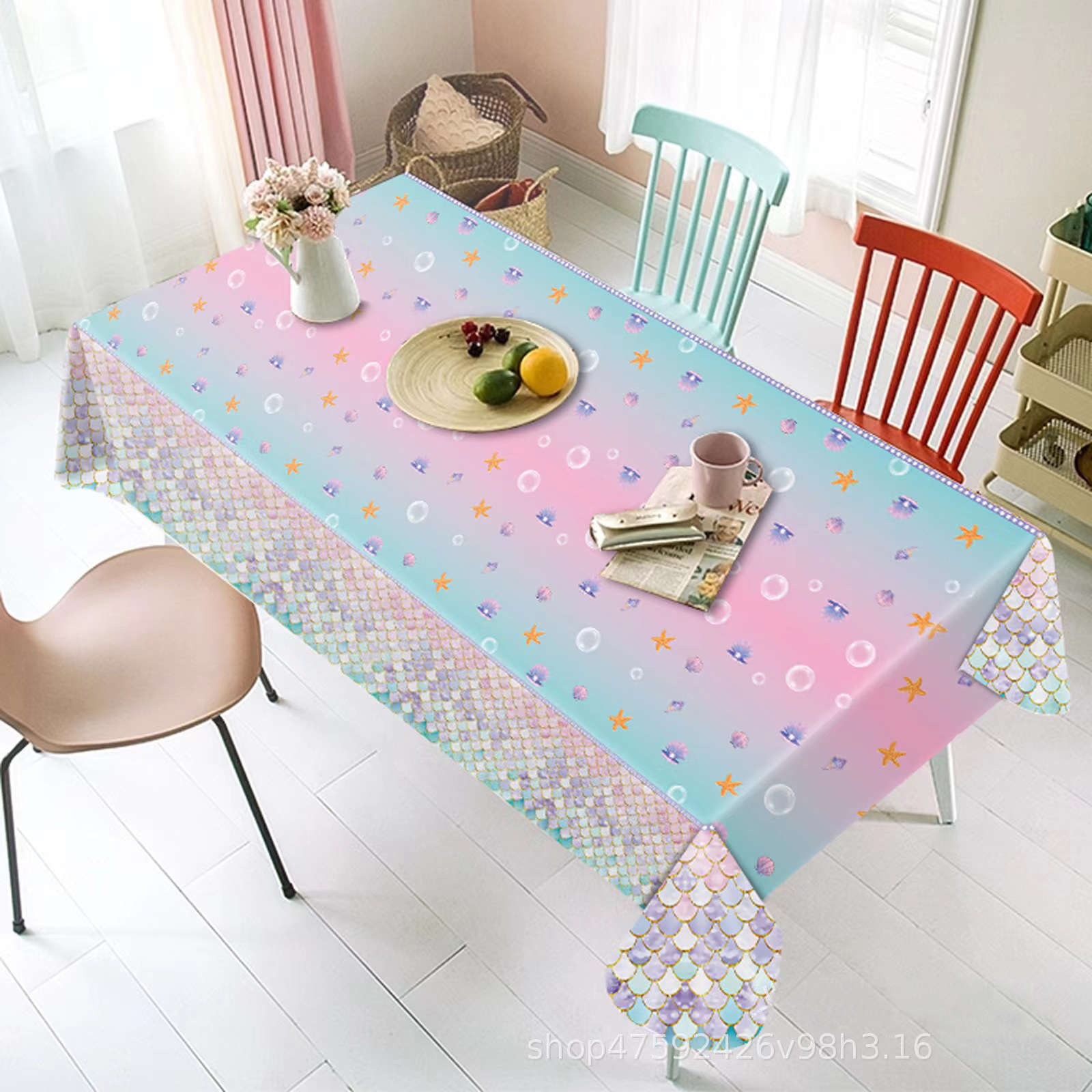 一次性桌布卡通动物蝴蝶美人鱼粉色鱼鳞生日派对野餐装饰防水台布详情3