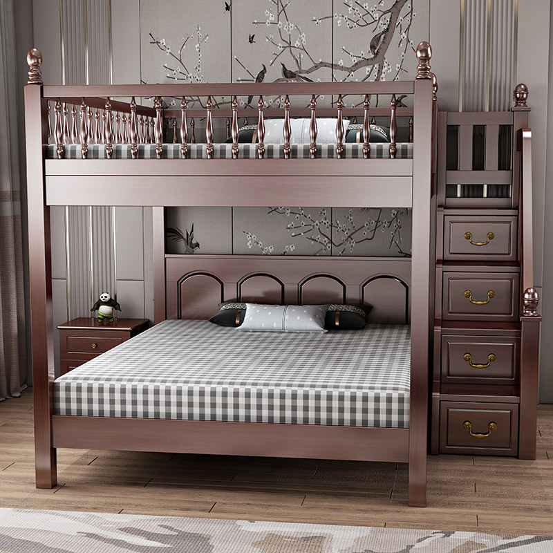 Walnut-colored adult Chinese-style bunk bed solid wood square bunk bed small apartment ultra-wide child-mother bed same-width high and low bed