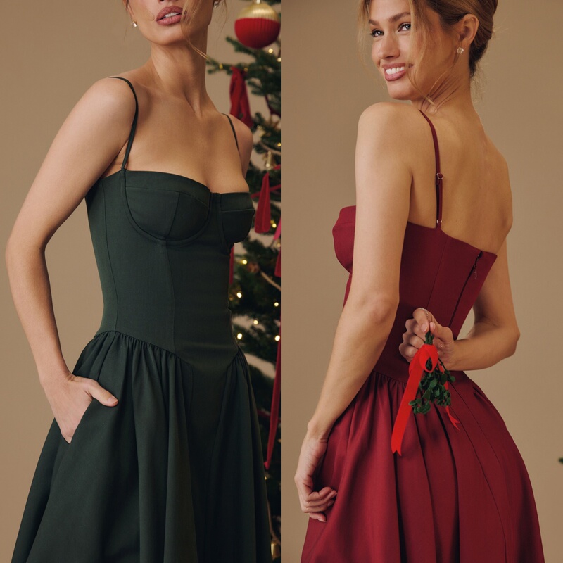 ins Noble and Elegant Burgundy Dark Green Three-Dimensional Cut Half-Circle Steel Ring Waist-Cinching Mid-Length H-Line Dress for Women ins Noble and Elegant Burgundy Dark Green Three-Dimensional Cut Half-Circle Steel Ring Waist-Cinching Mid-Length H-Line Dress for Women