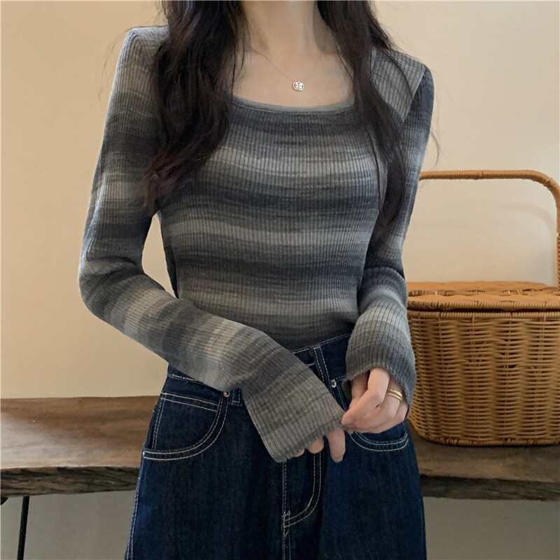Collarbone Square-Neck Sweater, Striped Black Base Shirt for Women, Autumn and Winter, High-End Style, Elegant Inner Wear, Color-Blocked Knit Top Collarbone Square-Neck Sweater, Striped Black Base Shirt for Women, Autumn and Winter, High-End Style, Elegant Inner Wear, Color-Blocked Knit Top