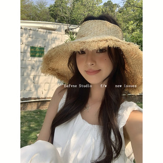 Raffia Straw Hat Vacation Seaside Straw Hat Woven Spring and Summer Beach Hat Trendy Sunshade Sun Protection Open-Top Hat for Women Summer