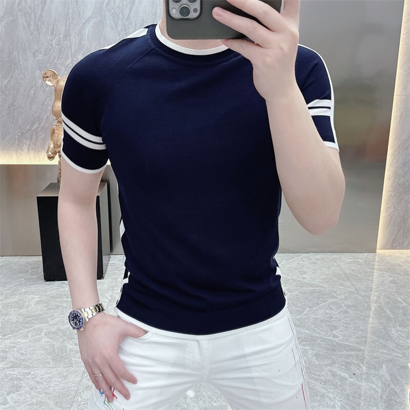 Knitted Striped Crew Neck Ice Silk Short-Sleeve T-Shirt, High-End European Style, New Men's Trendy Casual Half-Sleeve Top