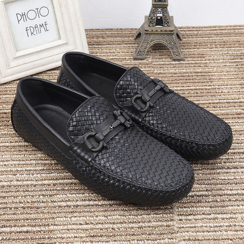 European station beanie shoes men's leather high-end woven popular men's shoes black buckle one pedal lazy casual leather shoes men